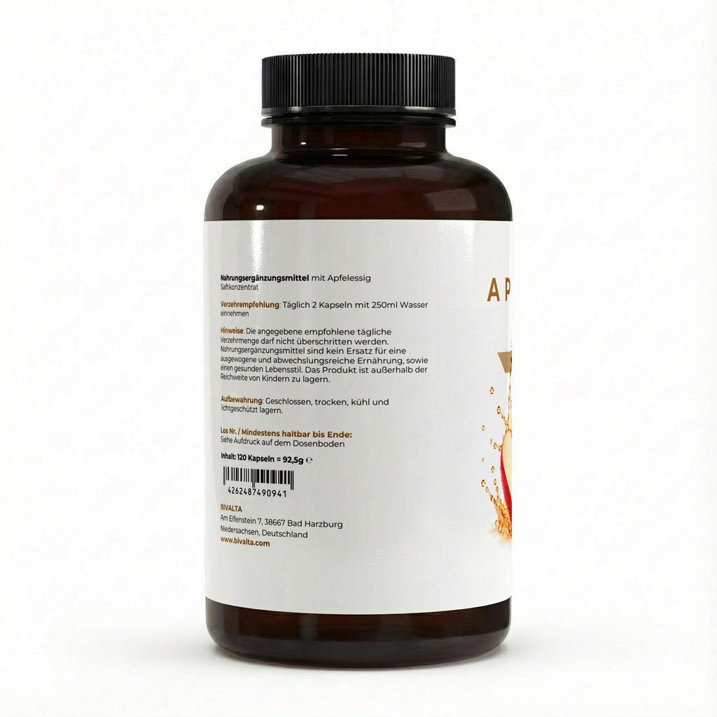 Bivalta Apfelessig Kapseln in brauner Premium-Dose mit weiß-grünem Etikett und Apfelmotiv. Nahrungsergänzungsmittel mit Apfelessig Saftkonzentrat, 120 Kapseln, 600 mg pro Kapsel.