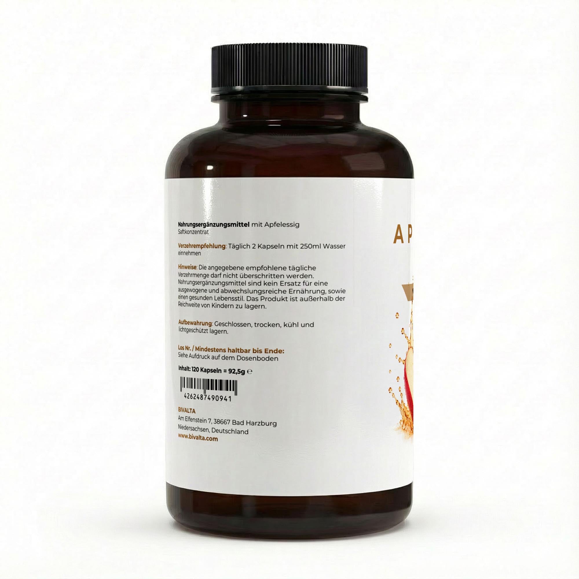 Bivalta Apfelessig Kapseln in brauner Premium-Dose mit weiß-grünem Etikett und Apfelmotiv. Nahrungsergänzungsmittel mit Apfelessig Saftkonzentrat, 120 Kapseln, 600 mg pro Kapsel.