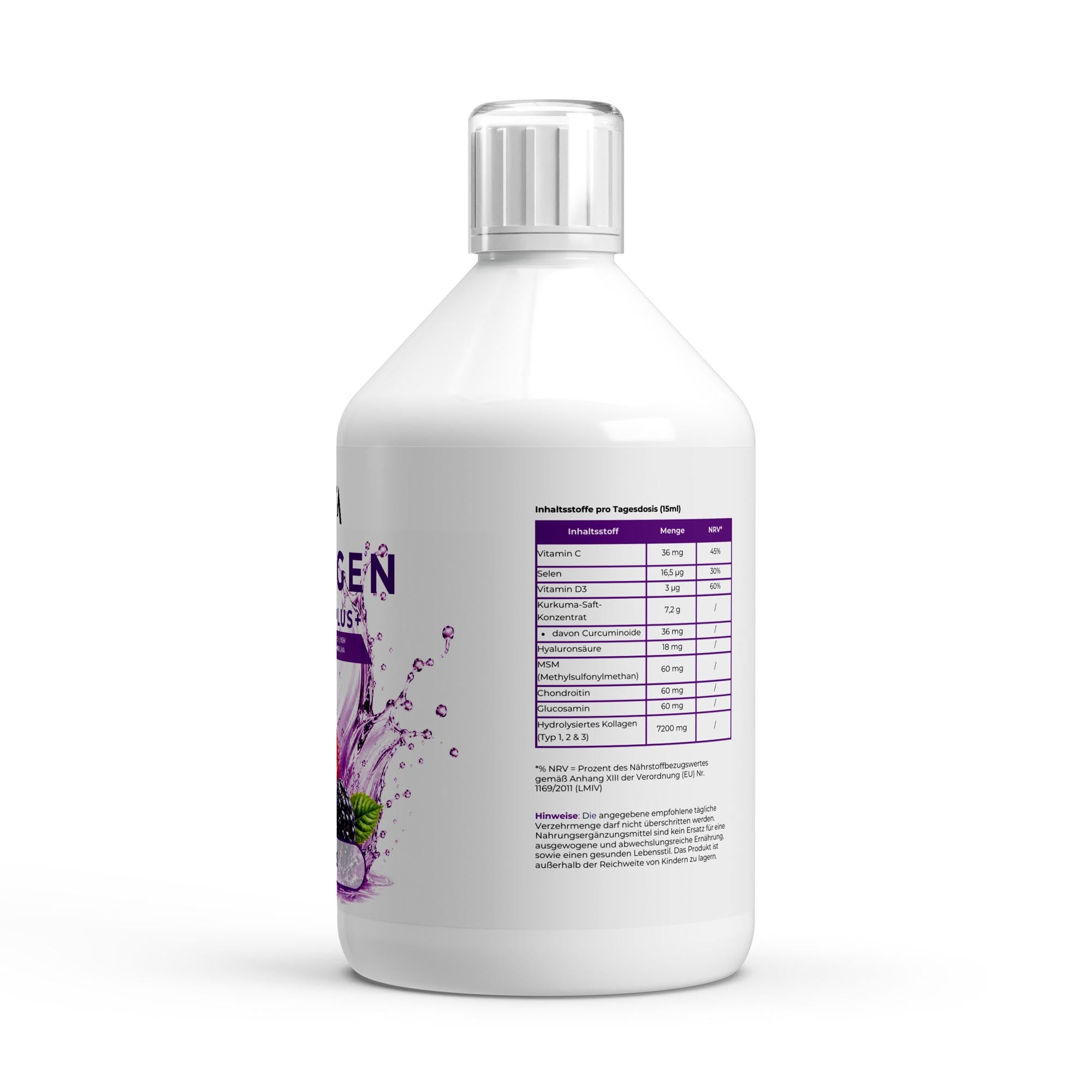 Bivalta Kollagen Support PLUS+ Shots in violettem Premium-Design mit Wildbeerenmotiv. Flüssige Kollagen Formel mit Kollagen Typ 1, 2 & 3, Hyaluronsäure und MSM.