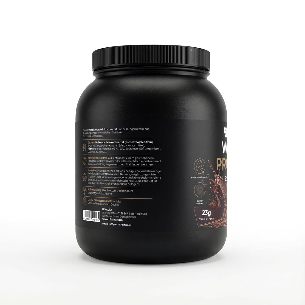 Bivalta Premium Whey Protein Pulver mit Schokoladengeschmack in schwarzer Premium-Verpackung mit Schokoladenmotiv. Proteinpulver mit 22,77 g Protein pro Portion und 33 Portionen.