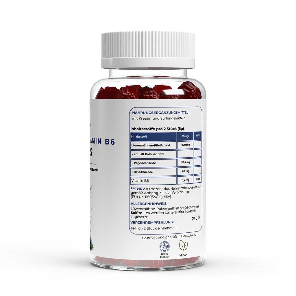 Bivalta Löwenmähne + Vitamin B6 Gummies in brauner Premium-Dose mit weißem Etikett und Blaubeermotiv. Vegane Gummies mit Löwenmähnenpilz-Extrakt und Vitamin B6 ohne Zucker.