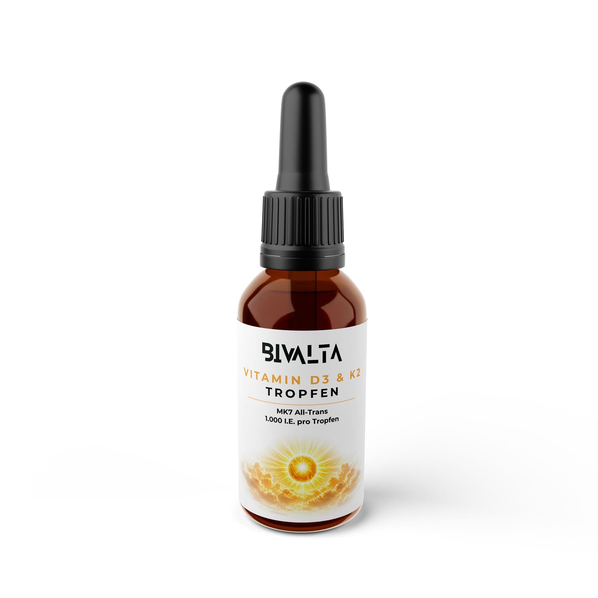 Bivalta Vitamin D3 + K2 Tropfen in weiß-goldenem Premium-Design mit Sonnenmotiv. Nahrungsergänzung mit Vitamin D3, Vitamin K2 MK7 All-Trans und Kokosölbasis.