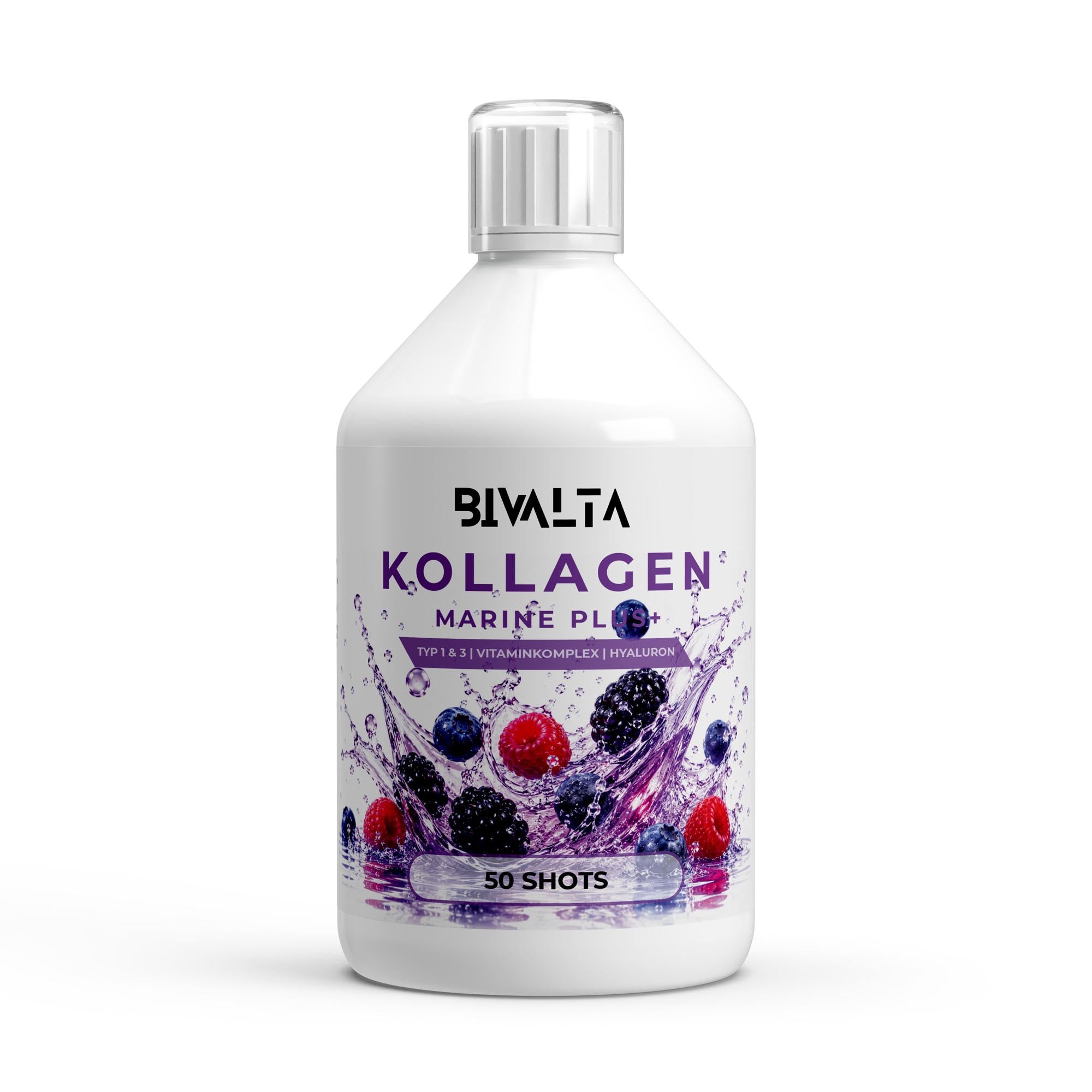 Bivalta Kollagen Marine Plus+ Shots in violettem Premium-Design mit Wildbeerenmotiv. Flüssige Marine-Kollagen Formel mit Fischkollagen Typ 1 und 3, Hyaluronsäure und Biotin.