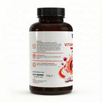 Bivalta Vitamin C + Eisen Tabletten in weiß-rotem Premium-Design mit Eisen- und Vitamin-C-Motiv. Vegane Eisen Tabletten mit Eisenbisglycinat und Vitamin C.