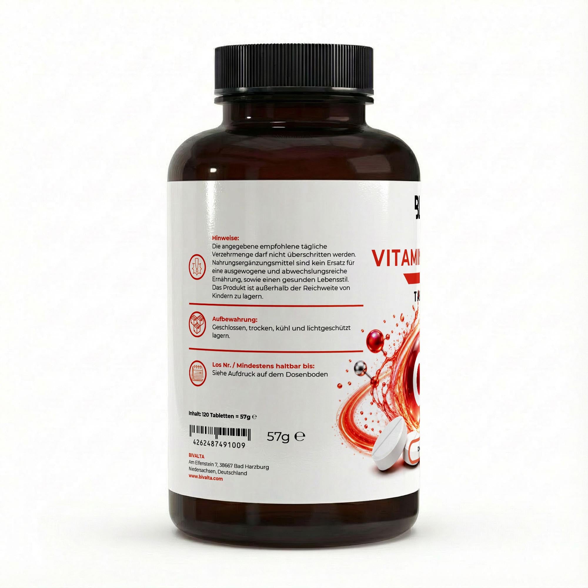 Bivalta Vitamin C + Eisen Tabletten in weiß-rotem Premium-Design mit Eisen- und Vitamin-C-Motiv. Vegane Eisen Tabletten mit Eisenbisglycinat und Vitamin C.