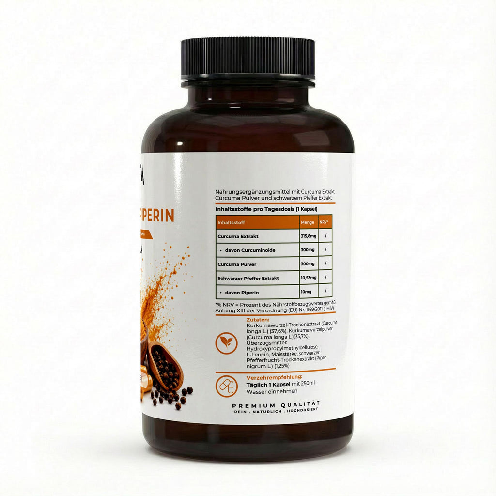 Bivalta Curcumin + Piperin Kapseln in weiß-goldenem Premium-Design mit Kurkuma- und Pfeffermotiv. Vegane Curcuma Kapseln mit 95 % Curcumin und Piperin.