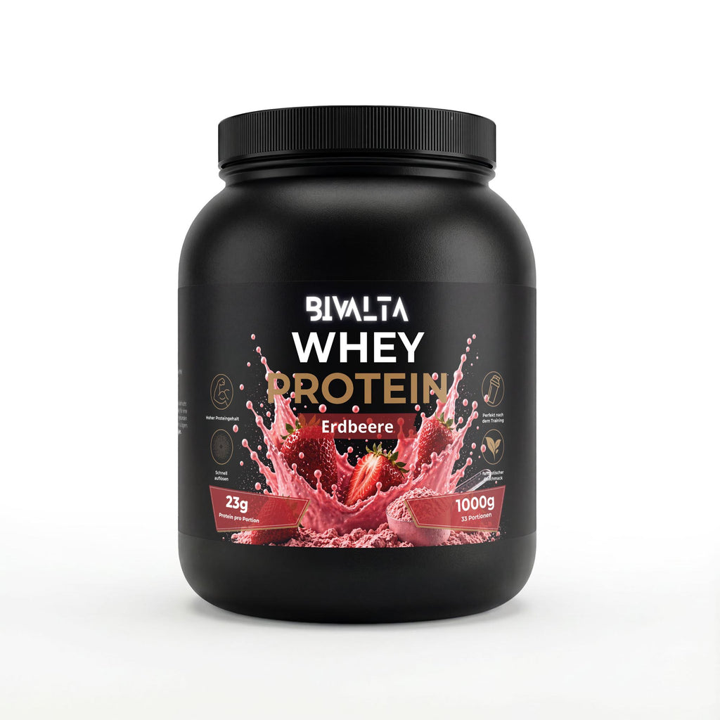 Bivalta Premium Whey Protein Pulver mit Erdbeergeschmack in schwarzer Premium-Verpackung mit Erdbeermotiv. Proteinpulver mit 23,4 g Protein pro Portion und 33 Portionen.