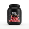 Bivalta Premium Whey Protein Pulver mit Erdbeergeschmack in schwarzer Premium-Verpackung mit Erdbeermotiv. Proteinpulver mit 23,4 g Protein pro Portion und 33 Portionen.