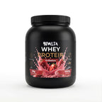 Bivalta Premium Whey Protein Pulver mit Erdbeergeschmack in schwarzer Premium-Verpackung mit Erdbeermotiv. Proteinpulver mit 23,4 g Protein pro Portion und 33 Portionen.