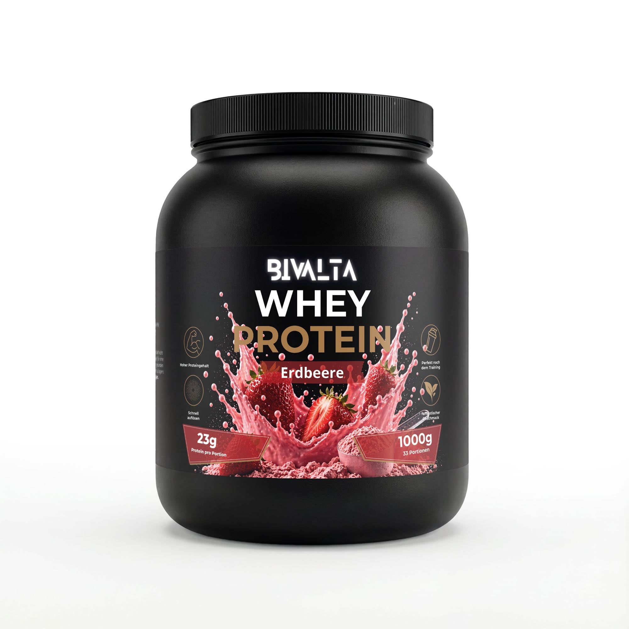 Bivalta Premium Whey Protein Pulver mit Erdbeergeschmack in schwarzer Premium-Verpackung mit Erdbeermotiv. Proteinpulver mit 23,4 g Protein pro Portion und 33 Portionen.