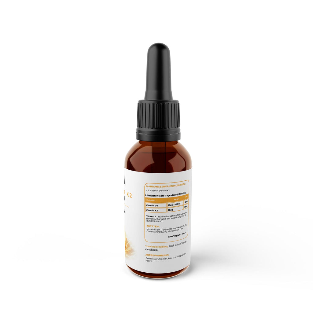 Bivalta Vitamin D3 + K2 Tropfen in weiß-goldenem Premium-Design mit Sonnenmotiv. Nahrungsergänzung mit Vitamin D3, Vitamin K2 MK7 All-Trans und Kokosölbasis.