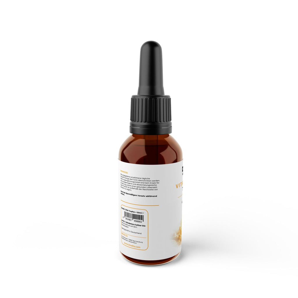 Bivalta Vitamin D3 + K2 Tropfen in weiß-goldenem Premium-Design mit Sonnenmotiv. Nahrungsergänzung mit Vitamin D3, Vitamin K2 MK7 All-Trans und Kokosölbasis.