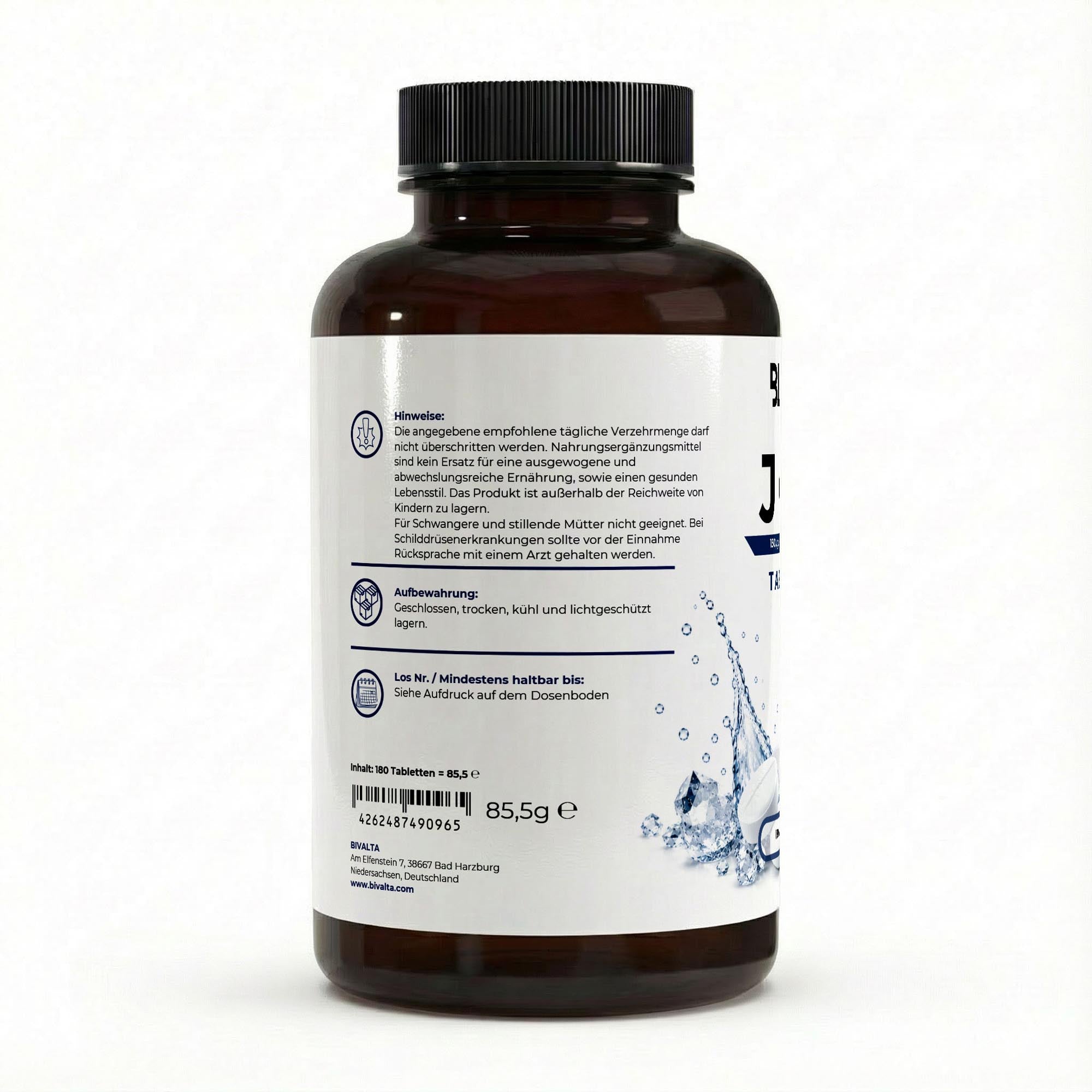 Bivalta Jod Tabletten in weiß-blauem Premium-Design mit Wasser- und Molekülmotiv. Vegane Jod Tabletten mit 150 µg Jod pro Tagesdosis.