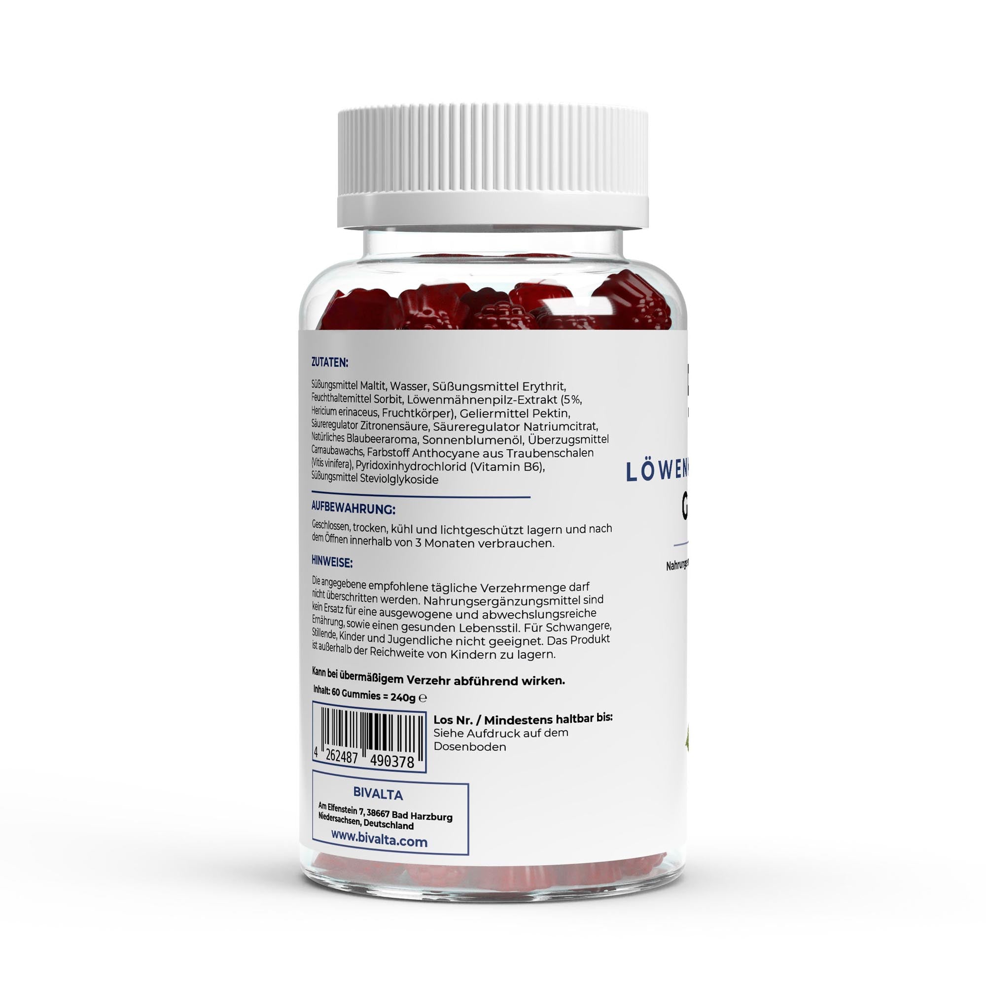 Bivalta Löwenmähne + Vitamin B6 Gummies in brauner Premium-Dose mit weißem Etikett und Blaubeermotiv. Vegane Gummies mit Löwenmähnenpilz-Extrakt und Vitamin B6 ohne Zucker.