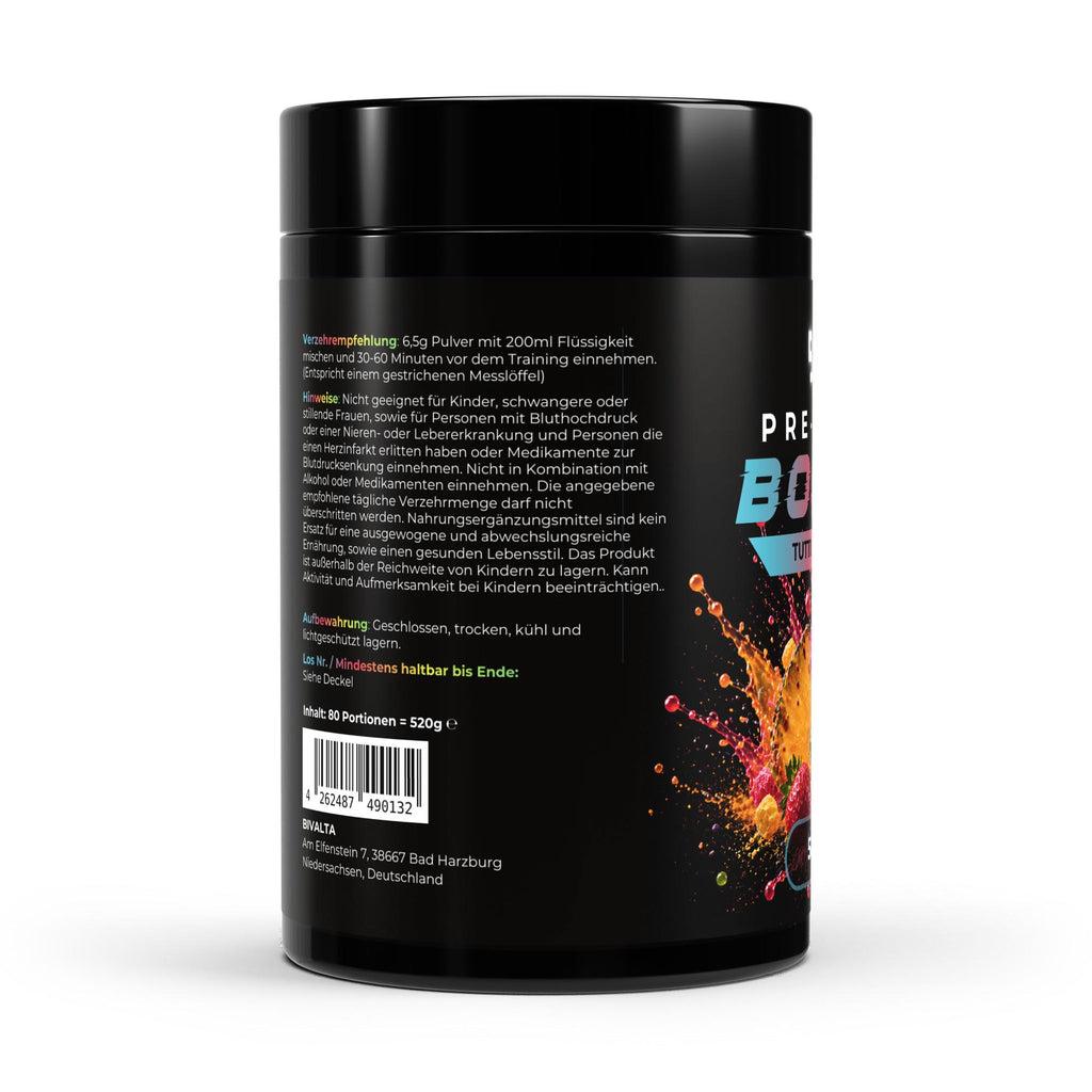 Bivalta Pre-Workout Booster Pulver mit Tutti Frutti Geschmack in schwarzer Premium-Verpackung mit Fruchtmotiv. Trainingsbooster mit Kreatin, Beta-Alanin und Koffein, 80 Portionen.