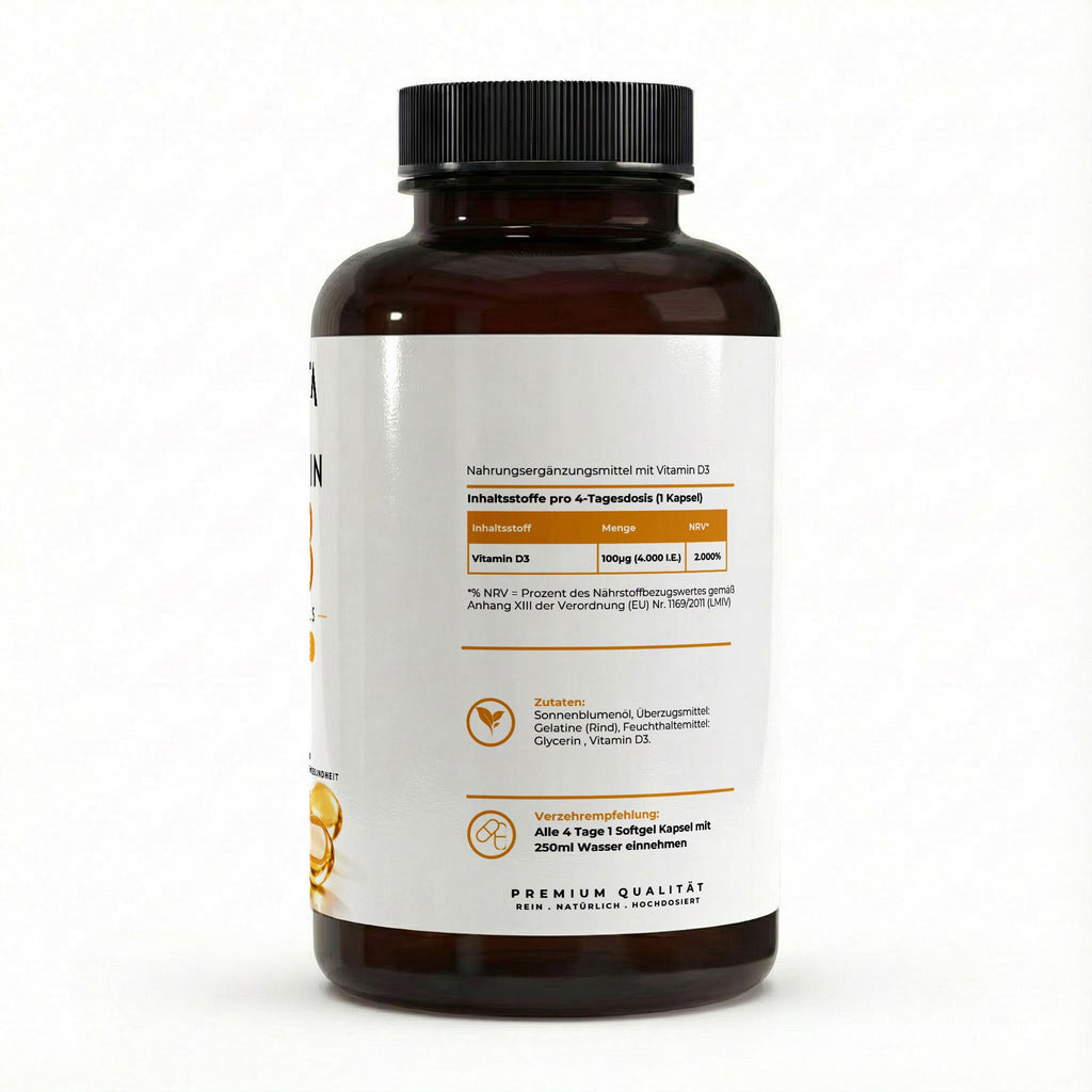 Bivalta Vitamin D3 4.000 I.E. Softgels in weiß-goldenem Premium-Design mit Sonnenmotiv. Hochdosierte Vitamin D3 Softgel Kapseln für Immunsystem und Knochengesundheit.