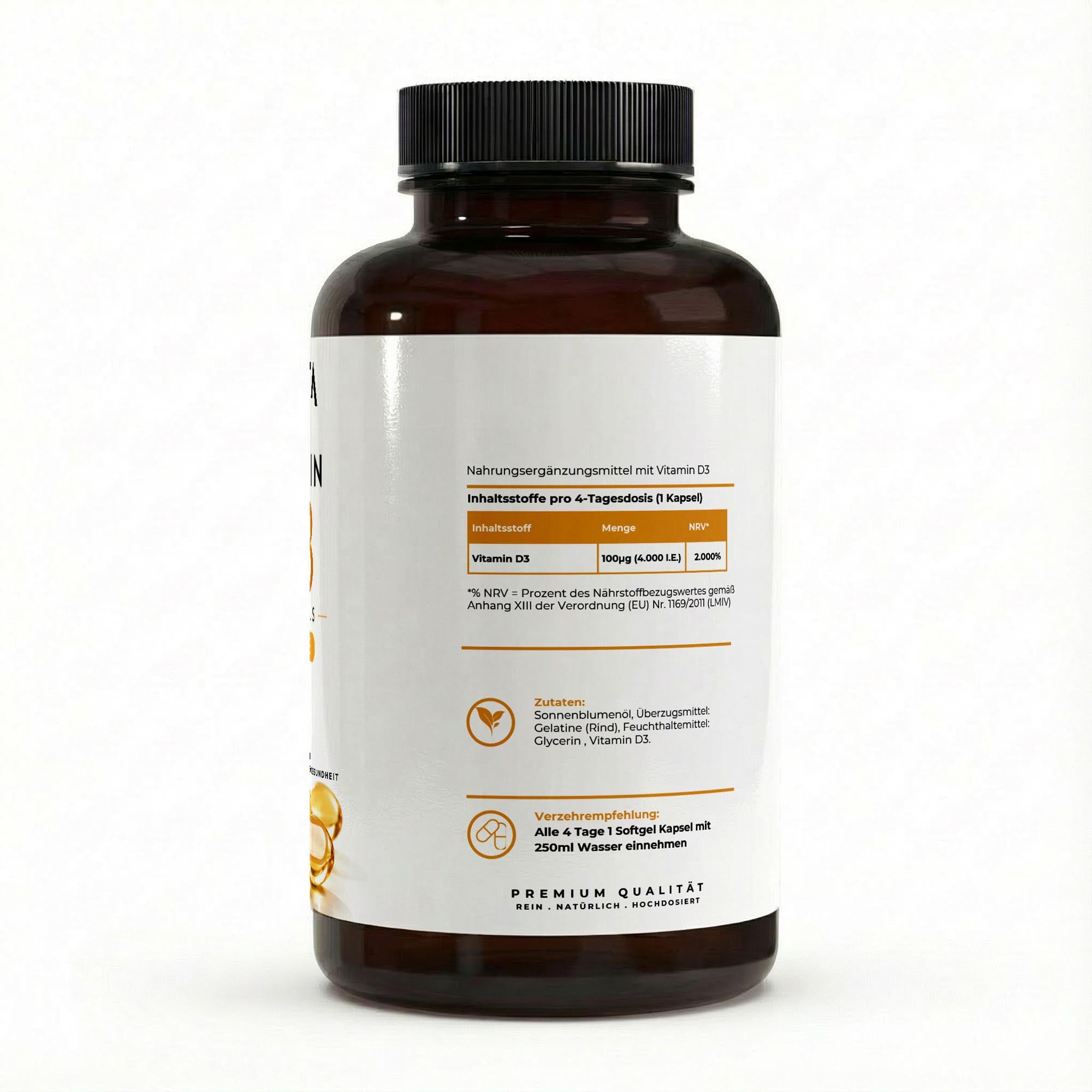 Bivalta Vitamin D3 4.000 I.E. Softgels in weiß-goldenem Premium-Design mit Sonnenmotiv. Hochdosierte Vitamin D3 Softgel Kapseln für Immunsystem und Knochengesundheit.