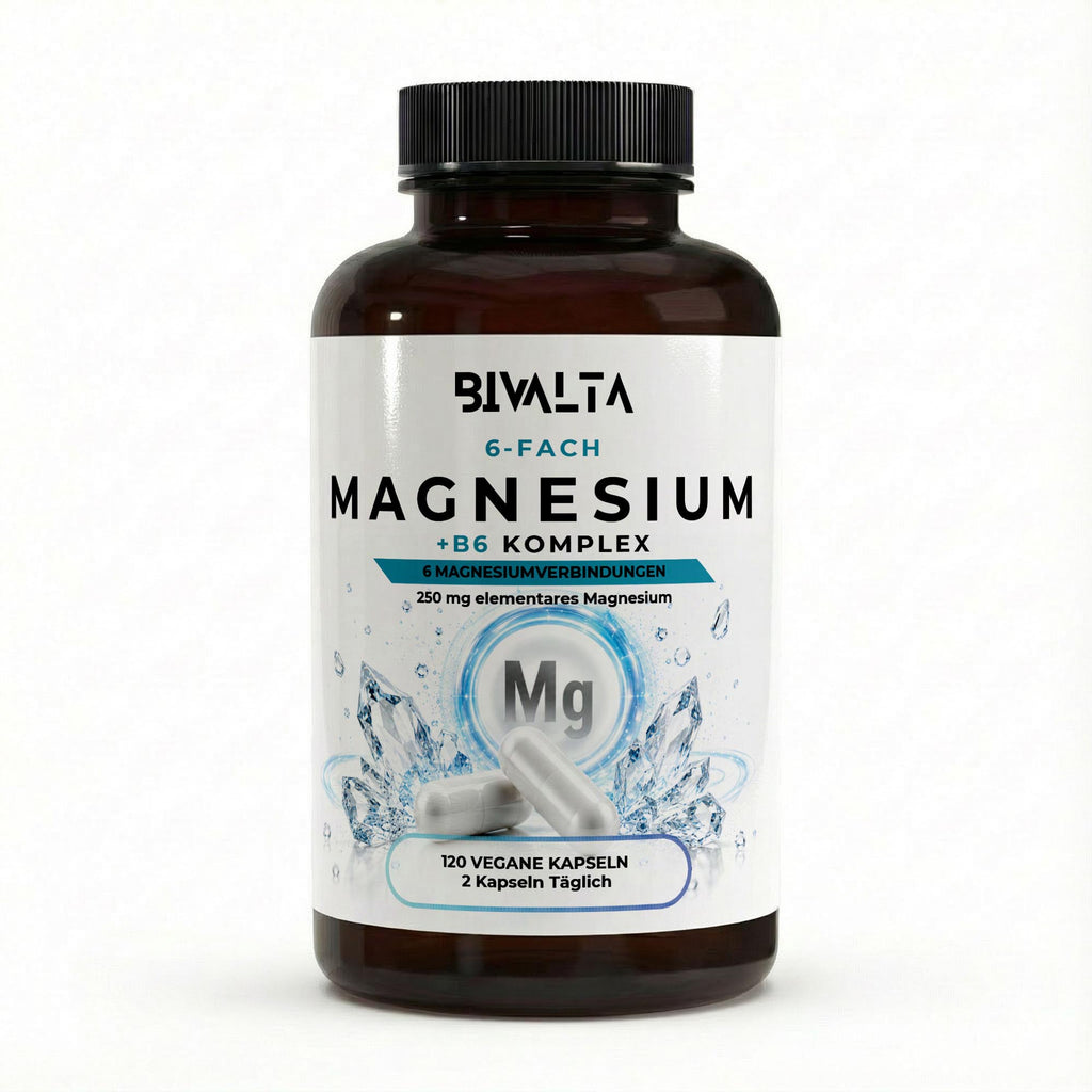Bivalta Magnesium 6x Komplex + B6 in brauner Premium-Dose mit weißem Etikett und Magnesium-Motiv. Vegane Magnesiumkapseln mit sechs Magnesiumverbindungen und Vitamin B6.