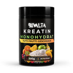 Bivalta Kreatin Monohydrat Pulver mit Tutti Frutti Geschmack in schwarzer Premium-Verpackung mit Fruchtmotiv. Kreatin Pulver mit 3,5 g Kreatin pro Portion und 110 Portionen.