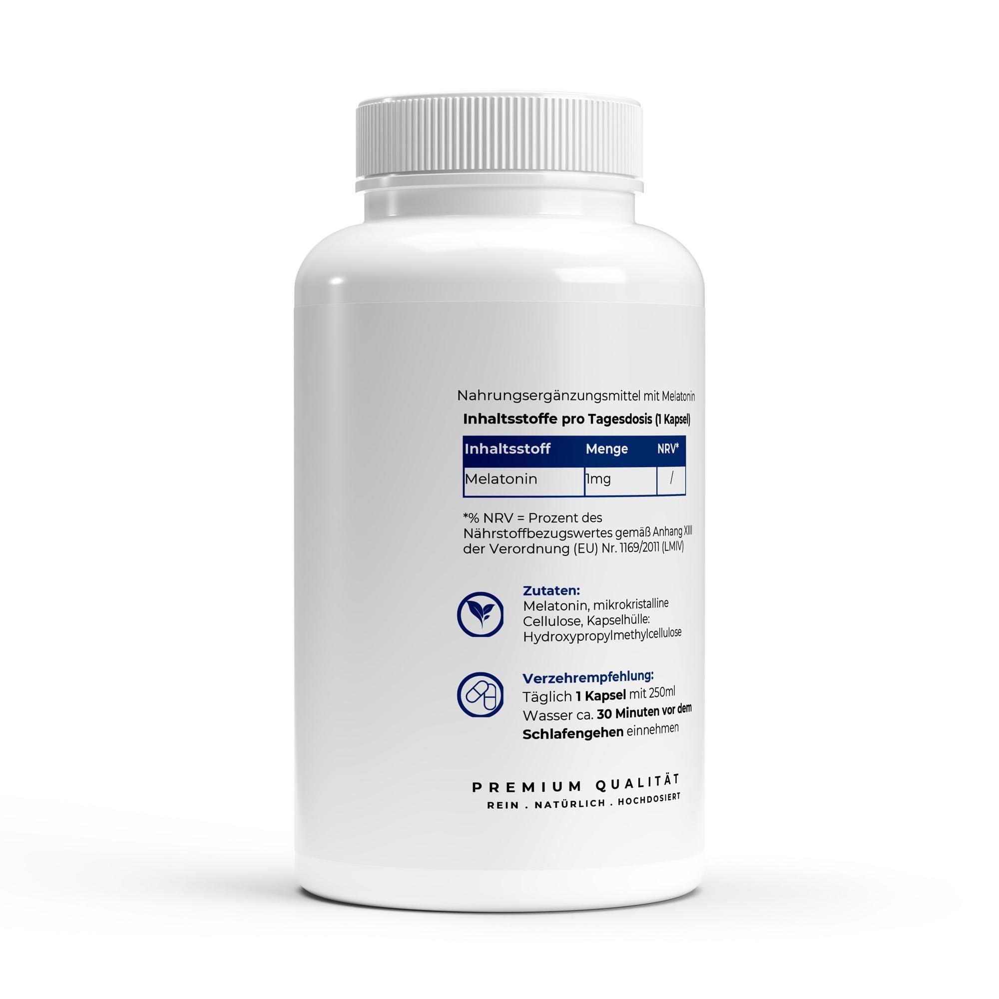 Bivalta Melatonin Kapseln in modernem blau-weißem Premium-Design mit Nachtmotiv. Vegane Melatonin Kapseln mit 1 mg Melatonin pro Kapsel.