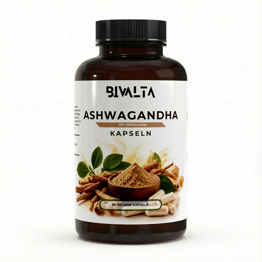 Bivalta Ashwagandha Kapseln in brauner Premium-Dose mit weißem Etikett und Ashwagandha-Wurzelmotiv. Nahrungsergänzungsmittel mit 10 % Withanoliden und 90 veganen Kapseln.