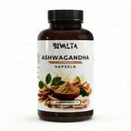Bivalta Ashwagandha Kapseln in brauner Premium-Dose mit weißem Etikett und Ashwagandha-Wurzelmotiv. Nahrungsergänzungsmittel mit 10 % Withanoliden und 90 veganen Kapseln.