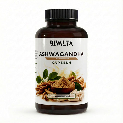 Bivalta Ashwagandha Kapseln in brauner Premium-Dose mit weißem Etikett und Ashwagandha-Wurzelmotiv. Nahrungsergänzungsmittel mit 10 % Withanoliden und 90 veganen Kapseln.