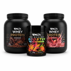 Bivalta Performance Bundle mit Whey Protein Schokolade, Whey Protein Erdbeere und Pre-Workout Booster Tutti Frutti in modernem schwarzem Premium-Design für Fitness und Muskelaufbau.