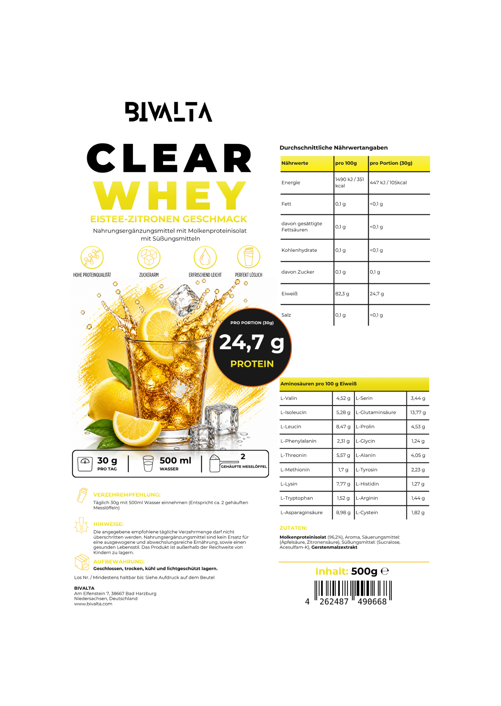 Bivalta Clear Whey Protein Pulver mit Eistee-Zitrone Geschmack in weißem Standbeutel mit Zitronenmotiv. Proteinpulver mit Molkenproteinisolat und 24,7 g Protein pro Portion.
