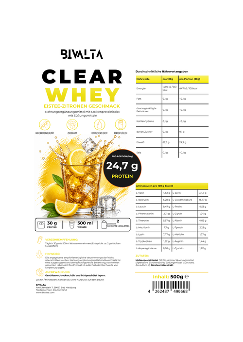 Bivalta Clear Whey Protein Pulver mit Eistee-Zitrone Geschmack in weißem Standbeutel mit Zitronenmotiv. Proteinpulver mit Molkenproteinisolat und 24,7 g Protein pro Portion.