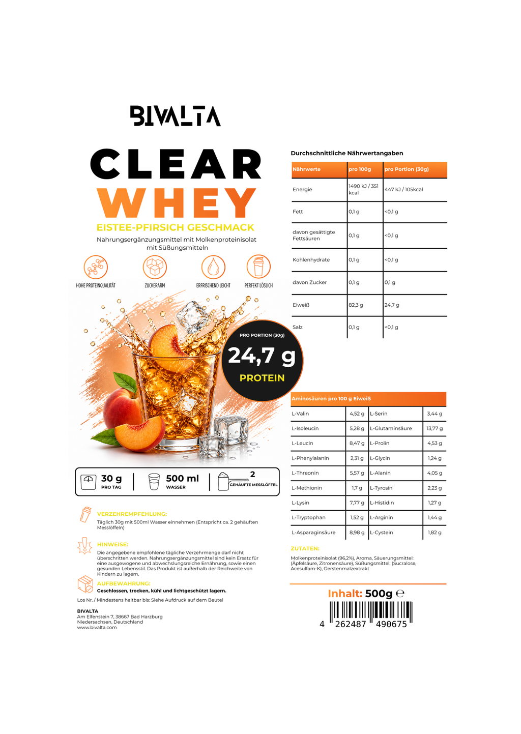 Bivalta Clear Whey Protein Pulver mit Eistee-Pfirsich Geschmack in weißem Standbeutel mit Pfirsichmotiv. Proteinpulver mit Molkenproteinisolat und 24,7 g Protein pro Portion.