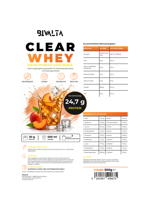 Bivalta Clear Whey Protein Pulver mit Eistee-Pfirsich Geschmack in weißem Standbeutel mit Pfirsichmotiv. Proteinpulver mit Molkenproteinisolat und 24,7 g Protein pro Portion.