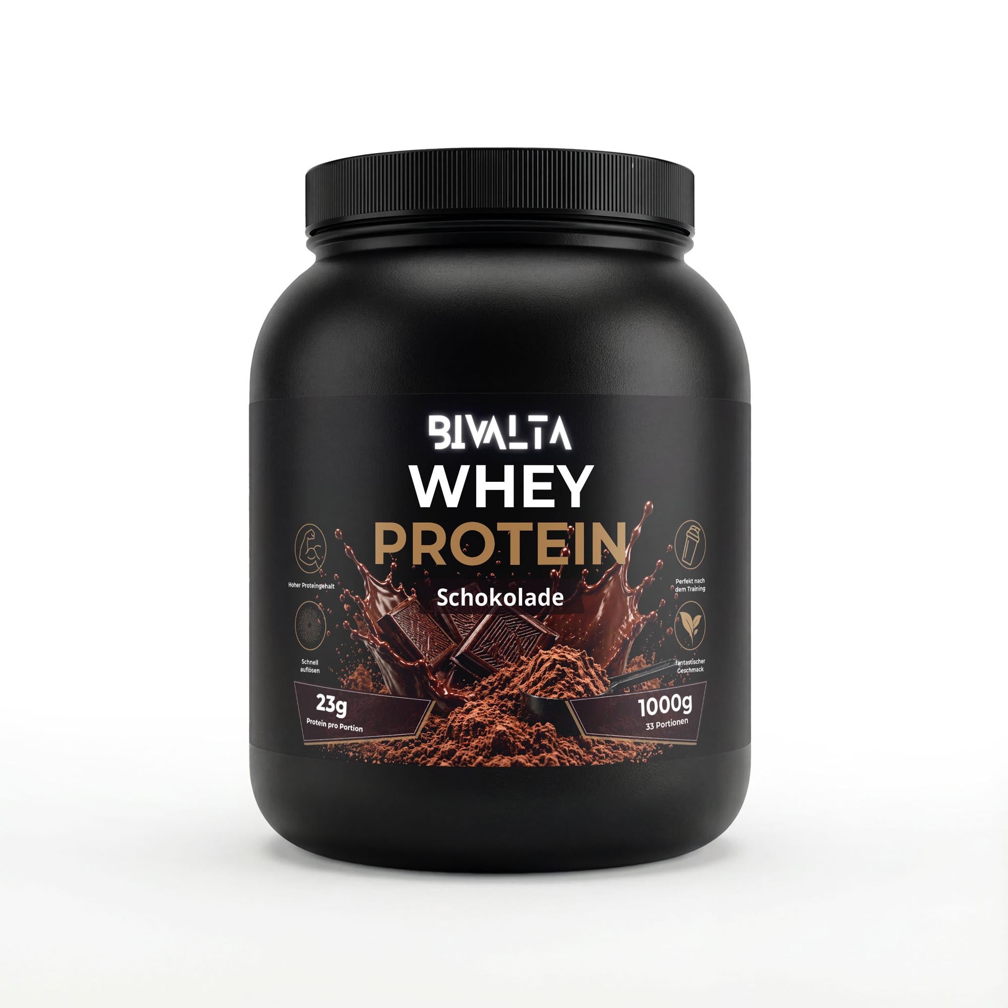 Bivalta Premium Whey Protein Pulver mit Schokoladengeschmack in schwarzer Premium-Verpackung mit Schokoladenmotiv. Proteinpulver mit 22,77 g Protein pro Portion und 33 Portionen.
