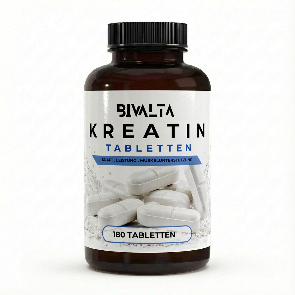 Bivalta Kreatin Monohydrat Tabletten in modernem weiß-blauem Premium-Design mit Kreatin-Pulvermotiv. Vegane Kreatin Tabletten mit 4.500 mg Kreatinmonohydrat pro Tagesdosis.