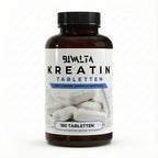 Bivalta Kreatin Monohydrat Tabletten in modernem weiß-blauem Premium-Design mit Kreatin-Pulvermotiv. Vegane Kreatin Tabletten mit 4.500 mg Kreatinmonohydrat pro Tagesdosis.