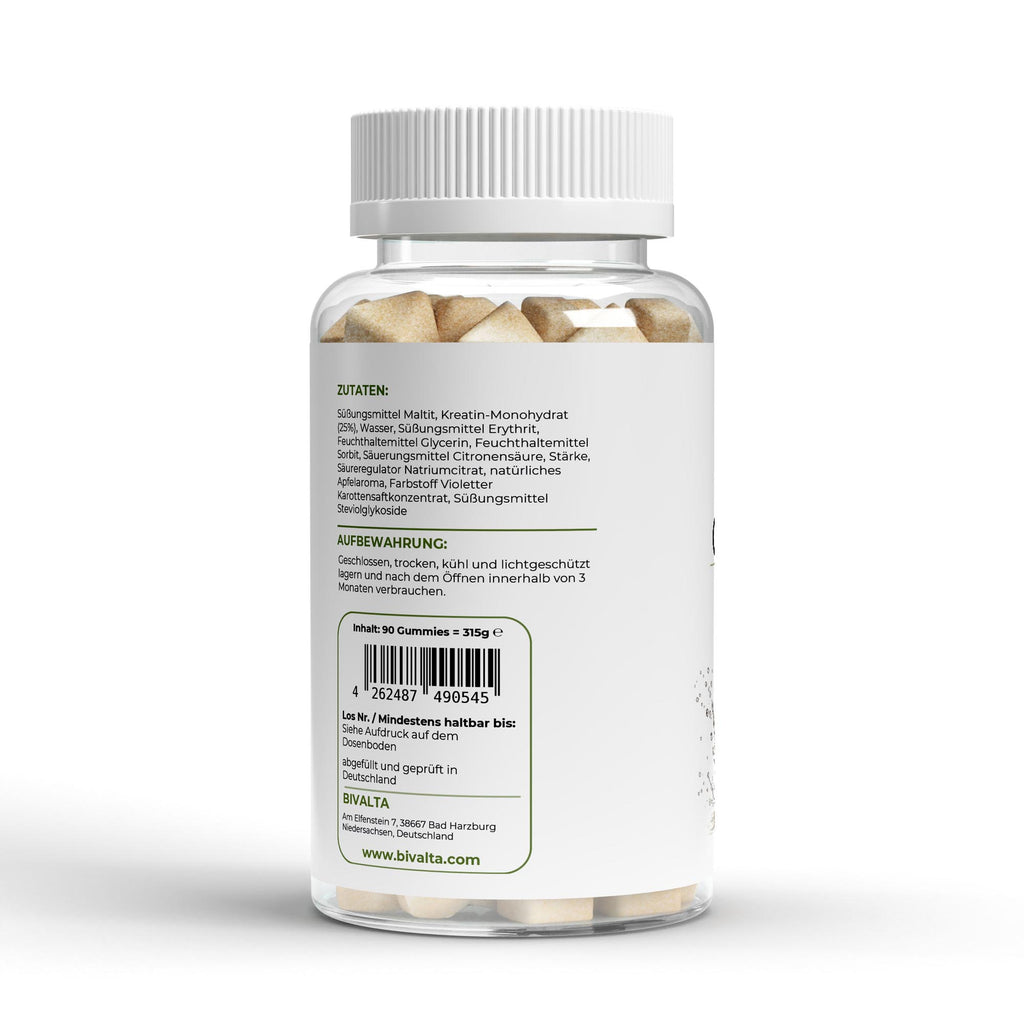 Bivalta Kreatin Gummies mit Apfelgeschmack in brauner Premium-Dose mit weißem Etikett und Apfelmotiv. Vegane Kreatin Gummies mit 3 g Kreatin pro Tagesdosis ohne Zucker.