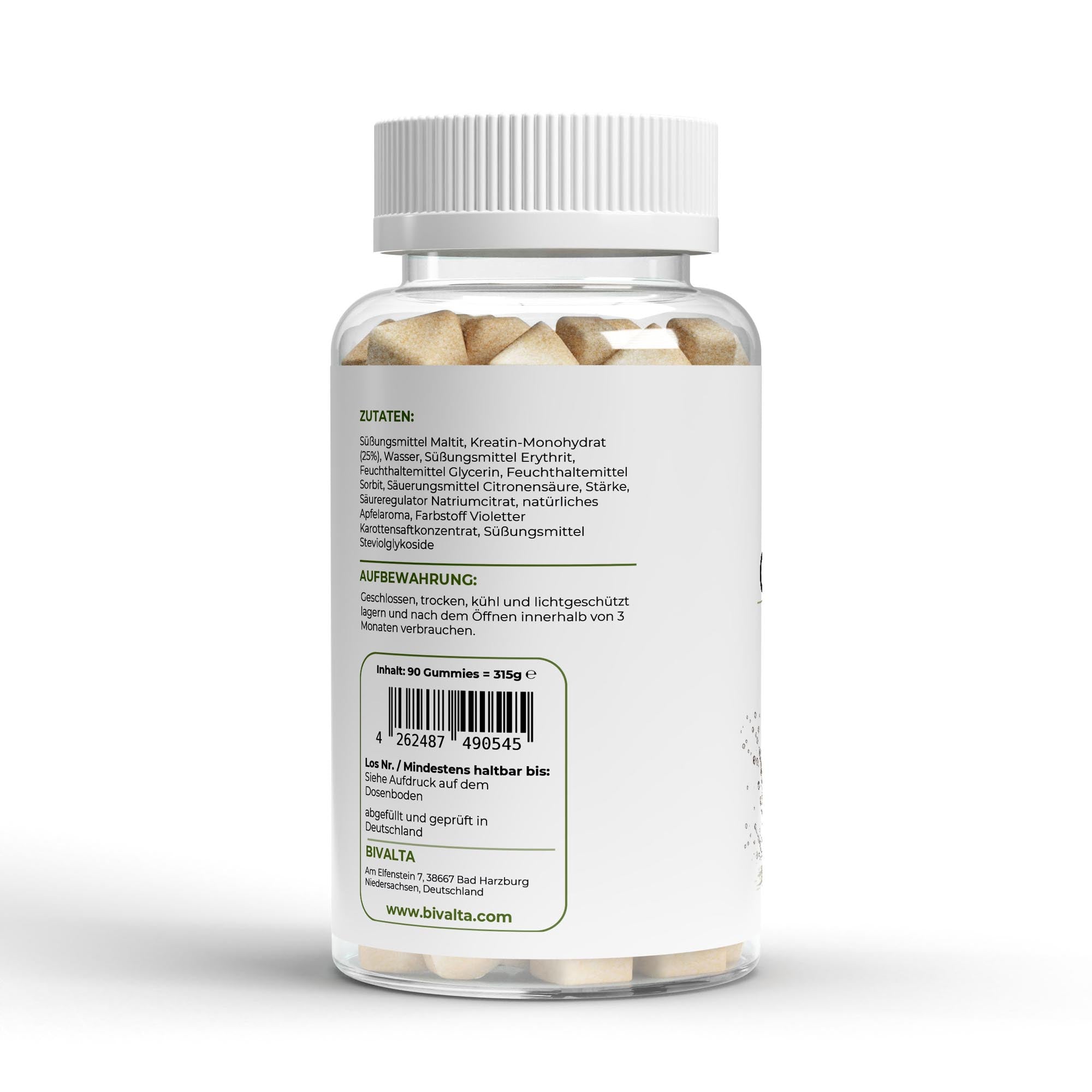 Bivalta Kreatin Gummies mit Apfelgeschmack in brauner Premium-Dose mit weißem Etikett und Apfelmotiv. Vegane Kreatin Gummies mit 3 g Kreatin pro Tagesdosis ohne Zucker.
