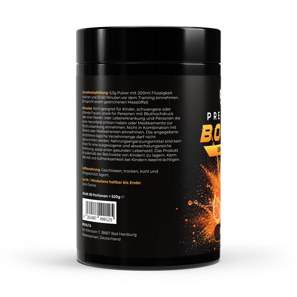 Bivalta Pre-Workout Booster Pulver mit Orangengeschmack in schwarzer Premium-Verpackung mit Orangenmotiv. Trainingsbooster mit Kreatin, Beta-Alanin und Koffein, 80 Portionen.