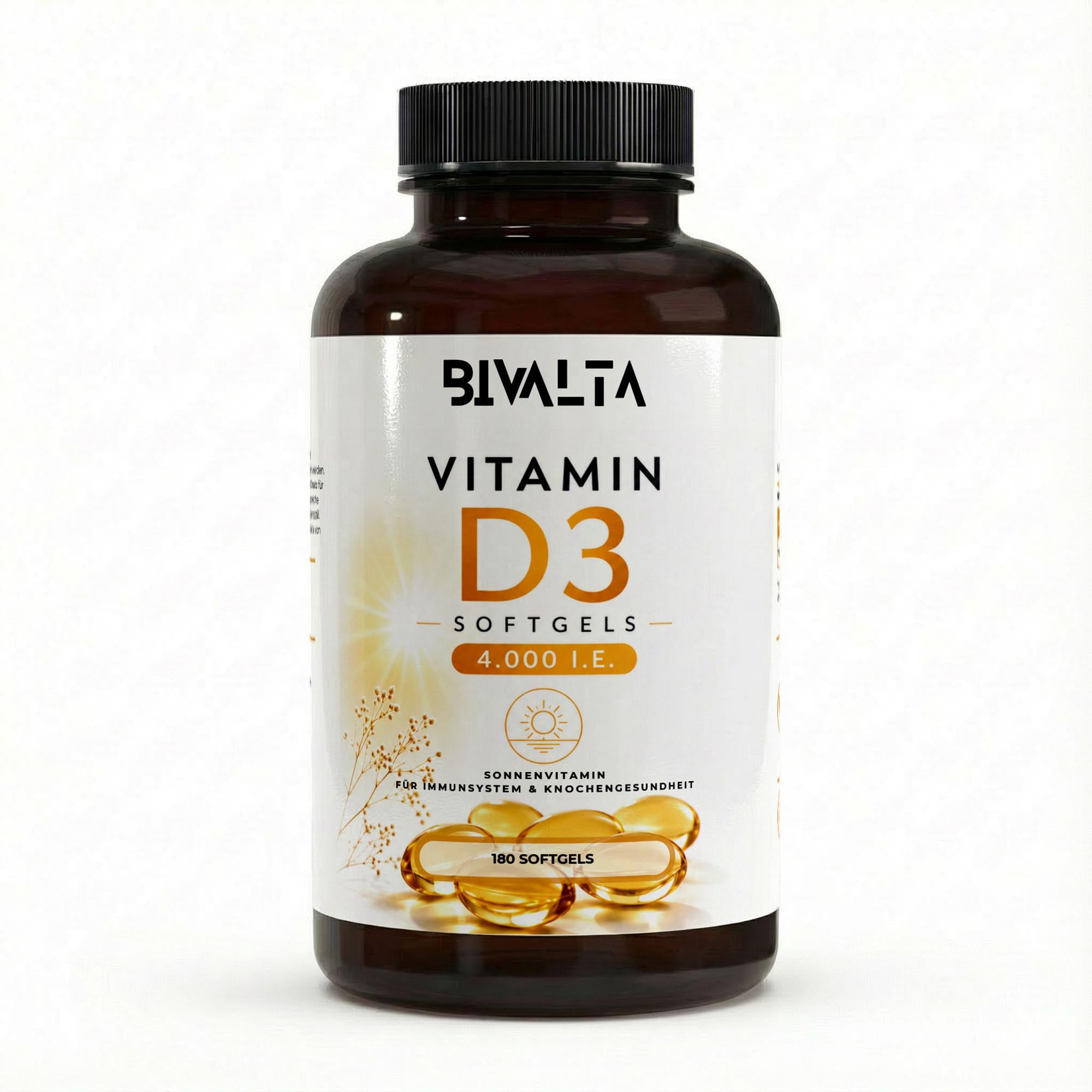 Bivalta Vitamin D3 4.000 I.E. Softgels in weiß-goldenem Premium-Design mit Sonnenmotiv. Hochdosierte Vitamin D3 Softgel Kapseln für Immunsystem und Knochengesundheit.