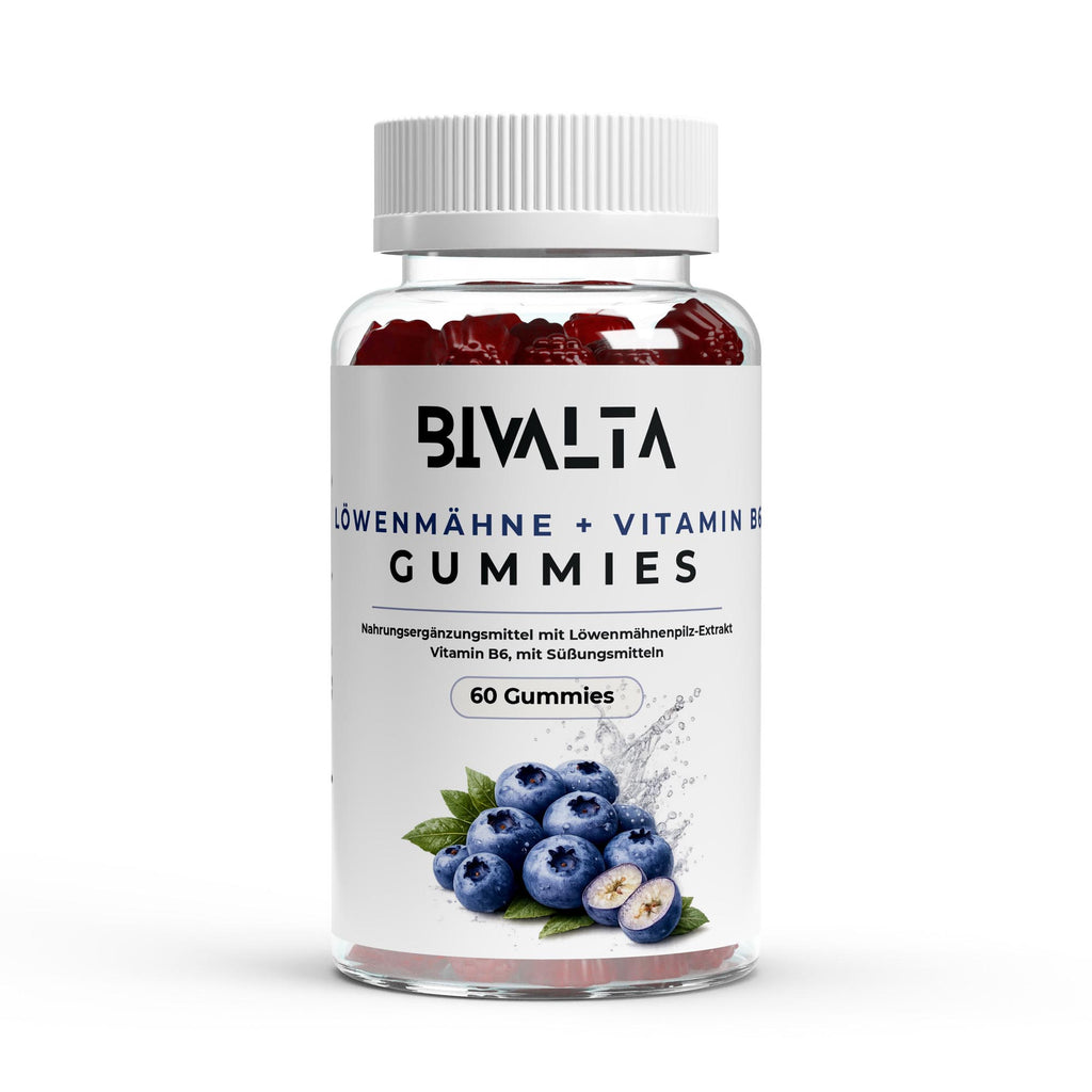 Bivalta Löwenmähne + Vitamin B6 Gummies in brauner Premium-Dose mit weißem Etikett und Blaubeermotiv. Vegane Gummies mit Löwenmähnenpilz-Extrakt und Vitamin B6 ohne Zucker.