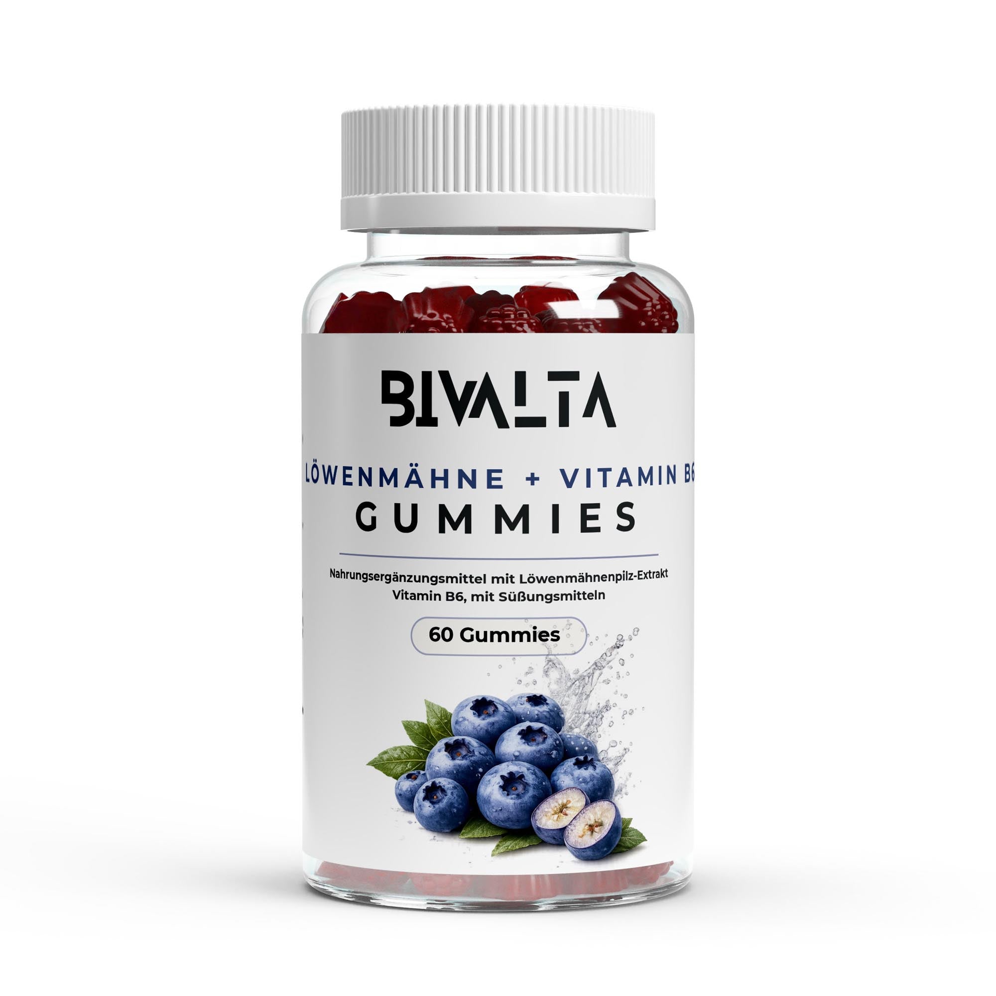 Bivalta Löwenmähne + Vitamin B6 Gummies in brauner Premium-Dose mit weißem Etikett und Blaubeermotiv. Vegane Gummies mit Löwenmähnenpilz-Extrakt und Vitamin B6 ohne Zucker.
