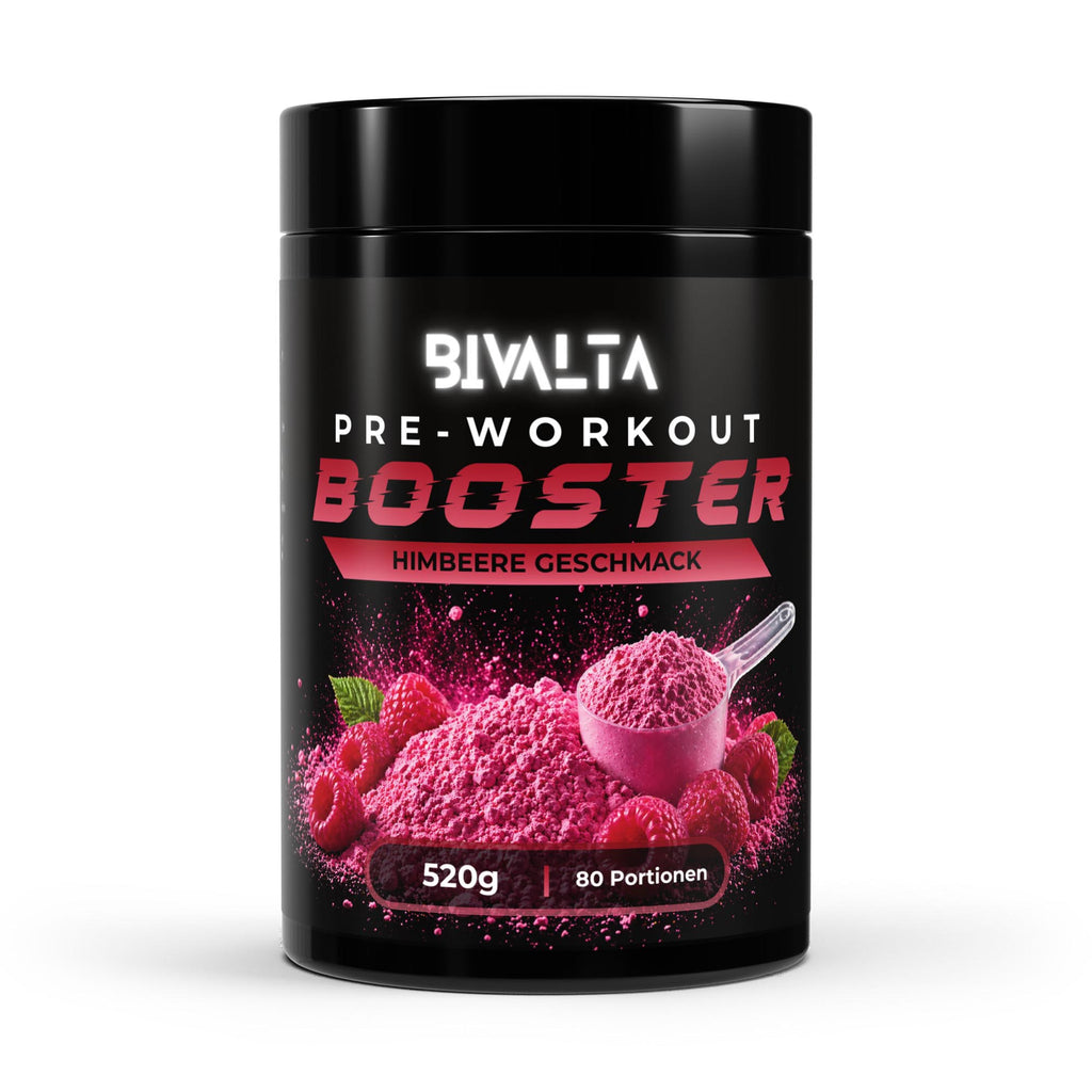 Bivalta Pre-Workout Booster Pulver mit Himbeer-Geschmack in schwarzer Premium-Verpackung mit Himbeermotiv. Trainingsbooster mit Kreatin, Beta-Alanin und Koffein, 80 Portionen.
