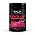 Bivalta Pre-Workout Booster Pulver mit Himbeer-Geschmack in schwarzer Premium-Verpackung mit Himbeermotiv. Trainingsbooster mit Kreatin, Beta-Alanin und Koffein, 80 Portionen.