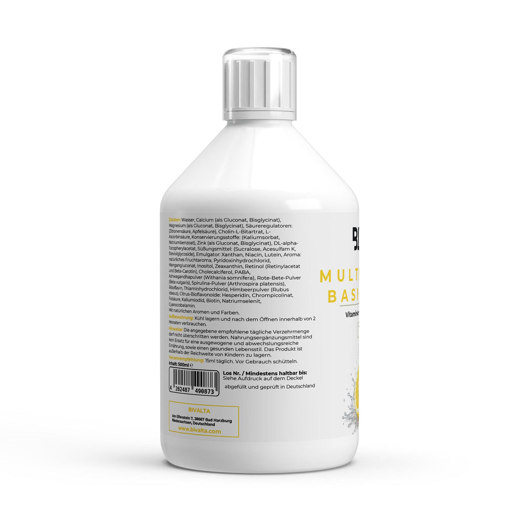 Bivalta Multivitamin Basic Shots Plus+ in gelber Premium-Verpackung mit Zitronenmotiv. Flüssiges Multivitamin Nahrungsergänzungsmittel mit Vitaminen, Mineralstoffen und 33 Shots.