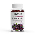 Bivalta Elderberry Gummies in brauner Premium-Dose mit weißem Etikett und Beerenmotiv. Vegane Gummies mit schwarzem Holunderbeerextrakt, Vitamin C und Zink, ohne Zuckerzusatz.