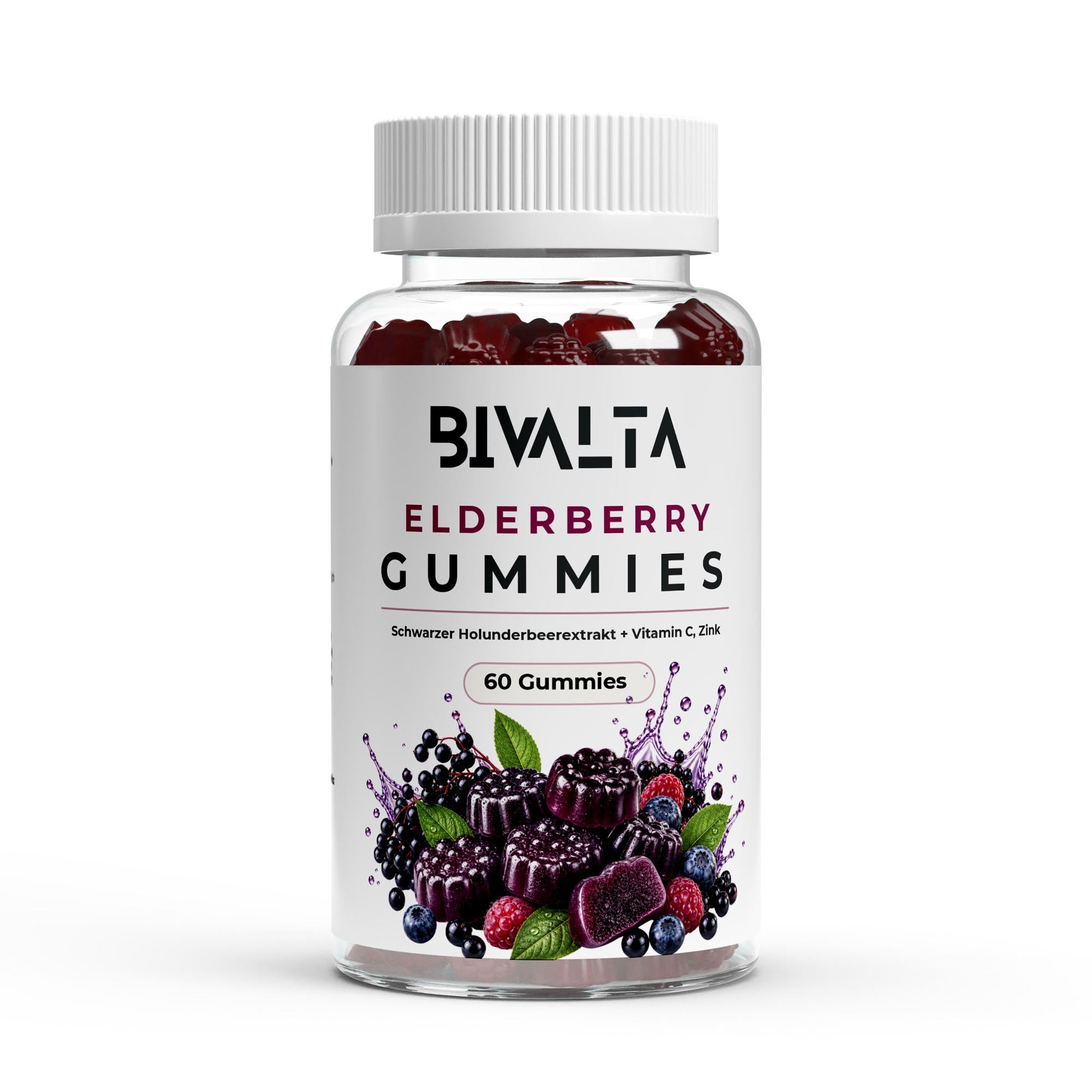 Bivalta Elderberry Gummies in brauner Premium-Dose mit weißem Etikett und Beerenmotiv. Vegane Gummies mit schwarzem Holunderbeerextrakt, Vitamin C und Zink, ohne Zuckerzusatz.
