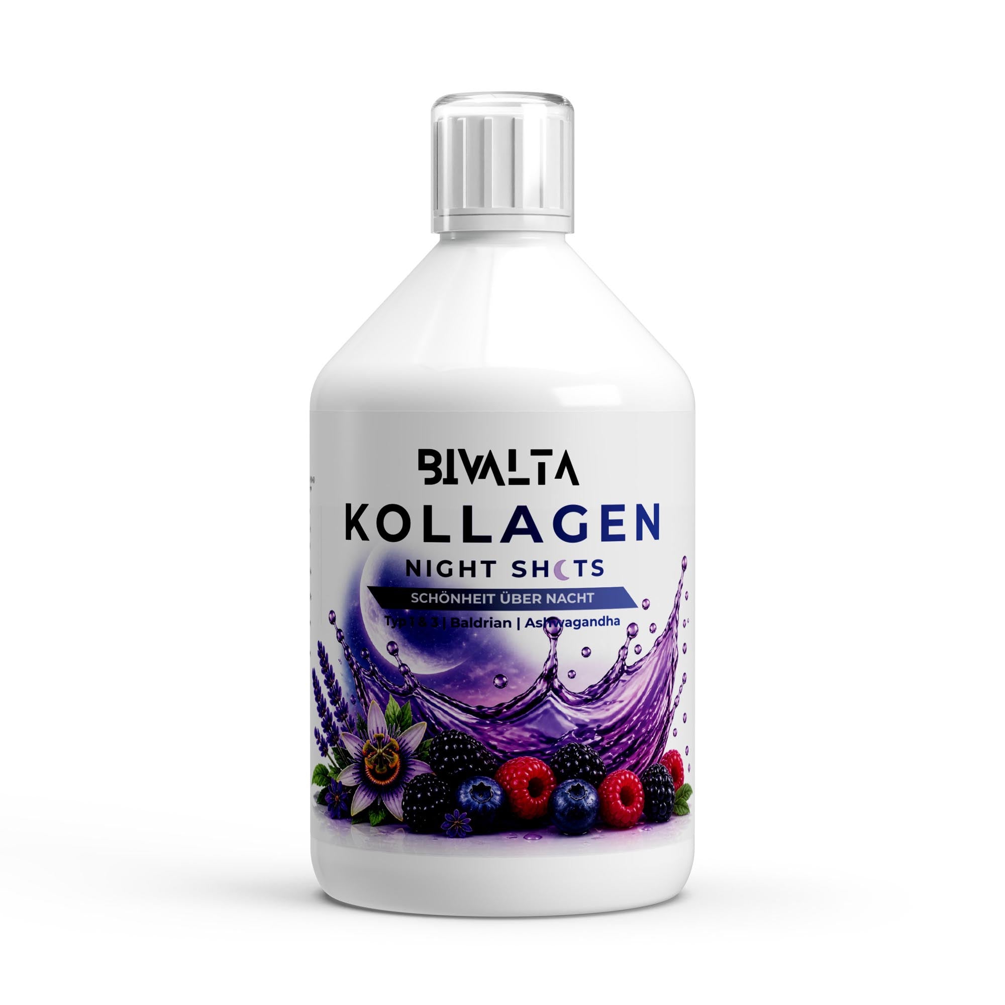 Bivalta Kollagen Night Shots Plus+ in violetter Premium-Verpackung mit Beeren- und Lavendelmotiv. Nahrungsergänzungsmittel mit Fischkollagen Typ 1 & 3, Hyaluronsäure, Vitaminen und Pflanzenextrakten.