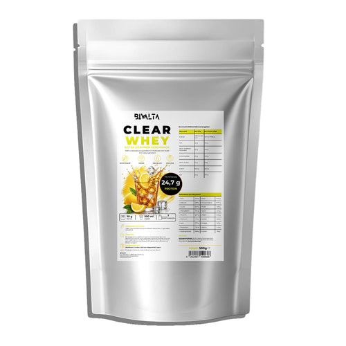 Bivalta Clear Whey Protein Pulver mit Eistee-Zitrone Geschmack in weißem Standbeutel mit Zitronenmotiv. Proteinpulver mit Molkenproteinisolat und 24,7 g Protein pro Portion.