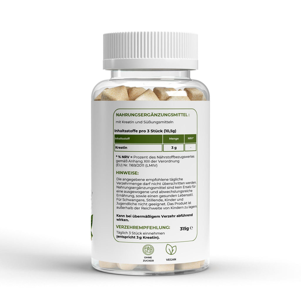 Bivalta Kreatin Gummies mit Apfelgeschmack in brauner Premium-Dose mit weißem Etikett und Apfelmotiv. Vegane Kreatin Gummies mit 3 g Kreatin pro Tagesdosis ohne Zucker.