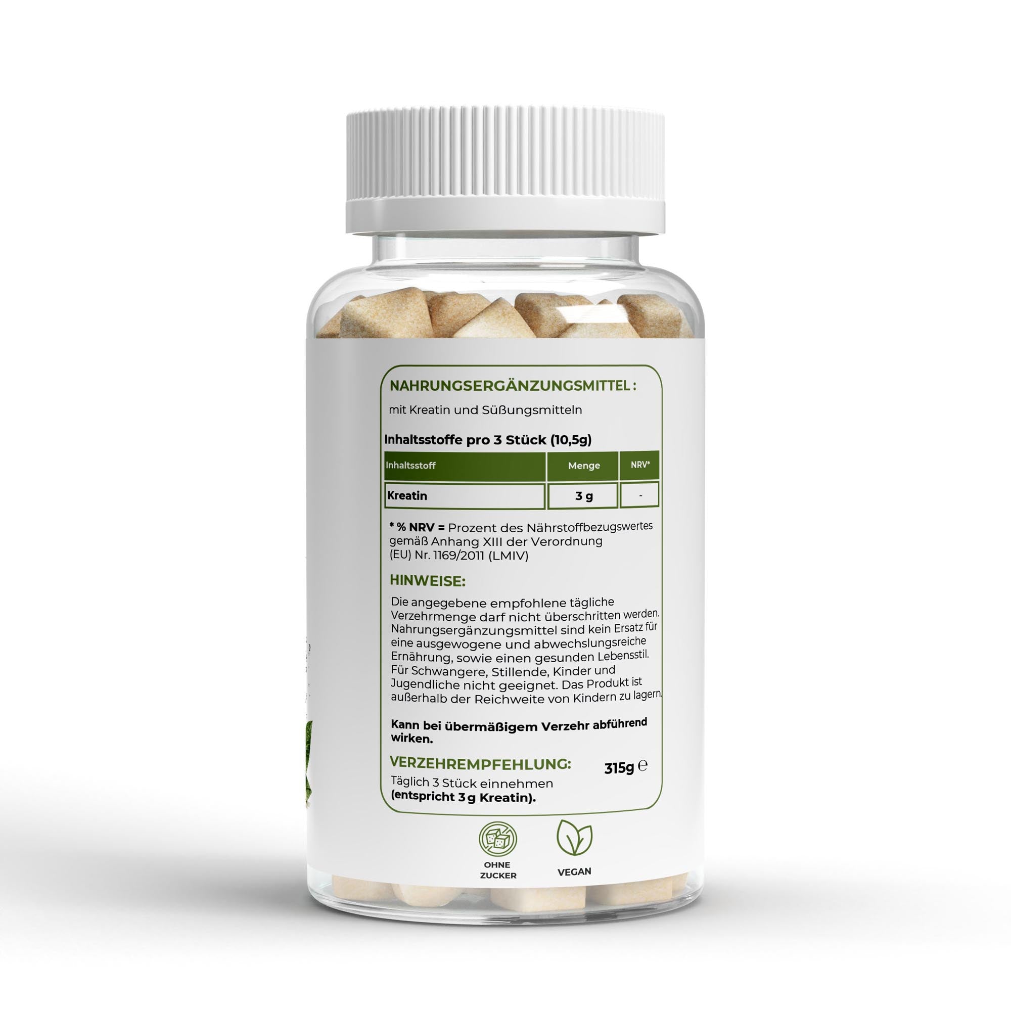 Bivalta Kreatin Gummies mit Apfelgeschmack in brauner Premium-Dose mit weißem Etikett und Apfelmotiv. Vegane Kreatin Gummies mit 3 g Kreatin pro Tagesdosis ohne Zucker.